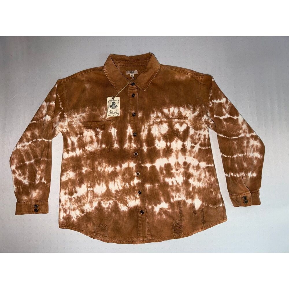 Easel Brown Bleach Tie Dye Distressed Utility Jacket | Y2K Boho | Size Small
